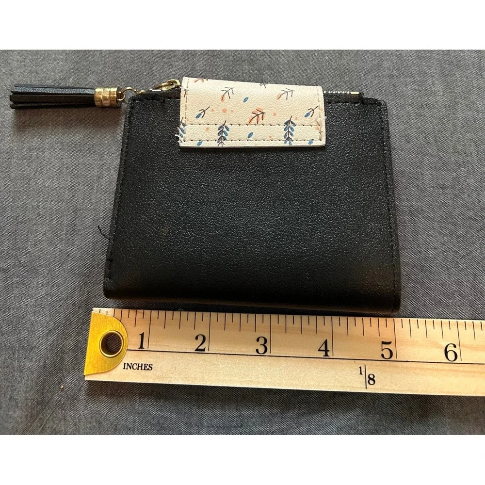 Womens Black Faux Leather Bifold Wallet Floral Snap Tassel Zipper Gold Leaf